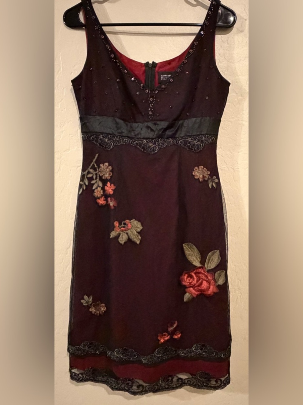 Adrianna Papell Vintage Y2K Red Black Embroidered Sheer Dress- Size 4